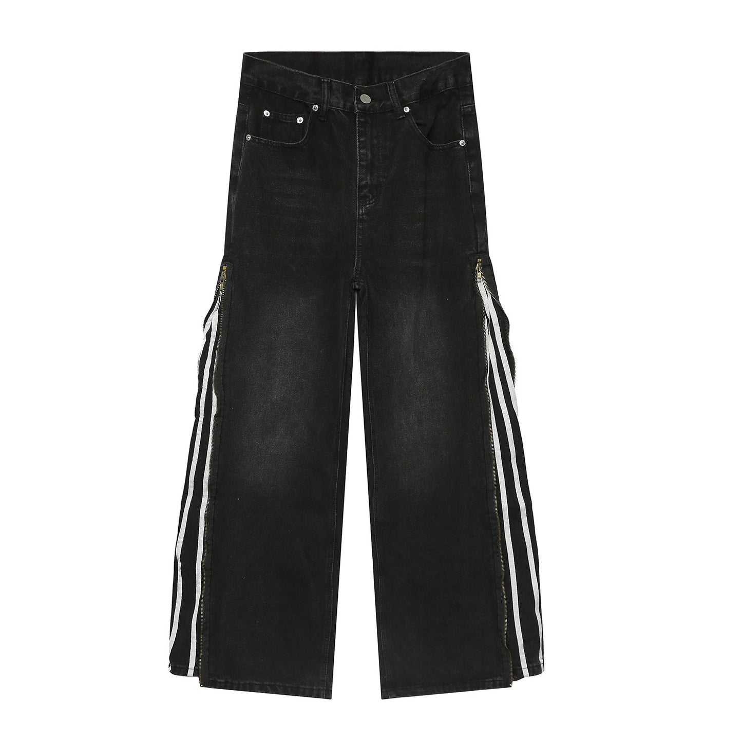 Side Zipper Striped Straight Loose Jeans