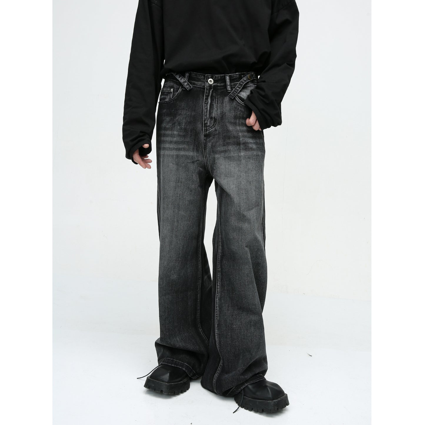 New American High Street Pu Mop Straight Loose Jeans