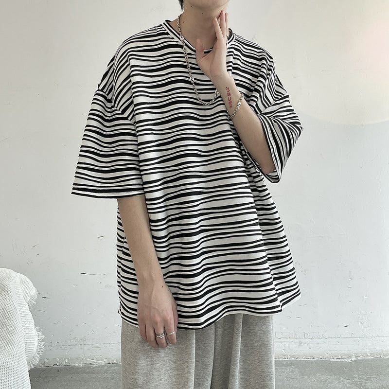 Loose Casual Striped Ice Silk Short Sleeve T-Shirt