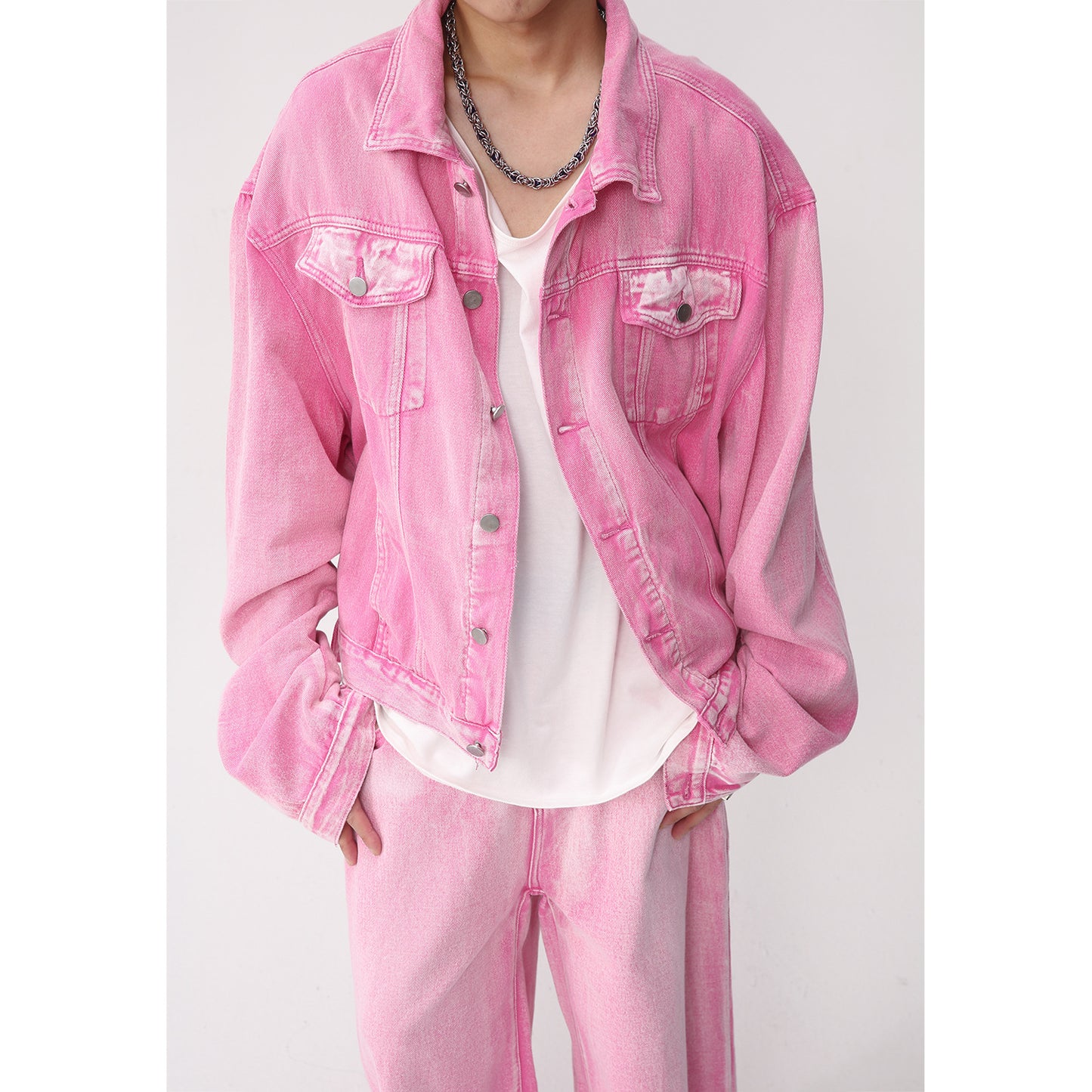 Pink Denim Jacket Straight Jeans For Men