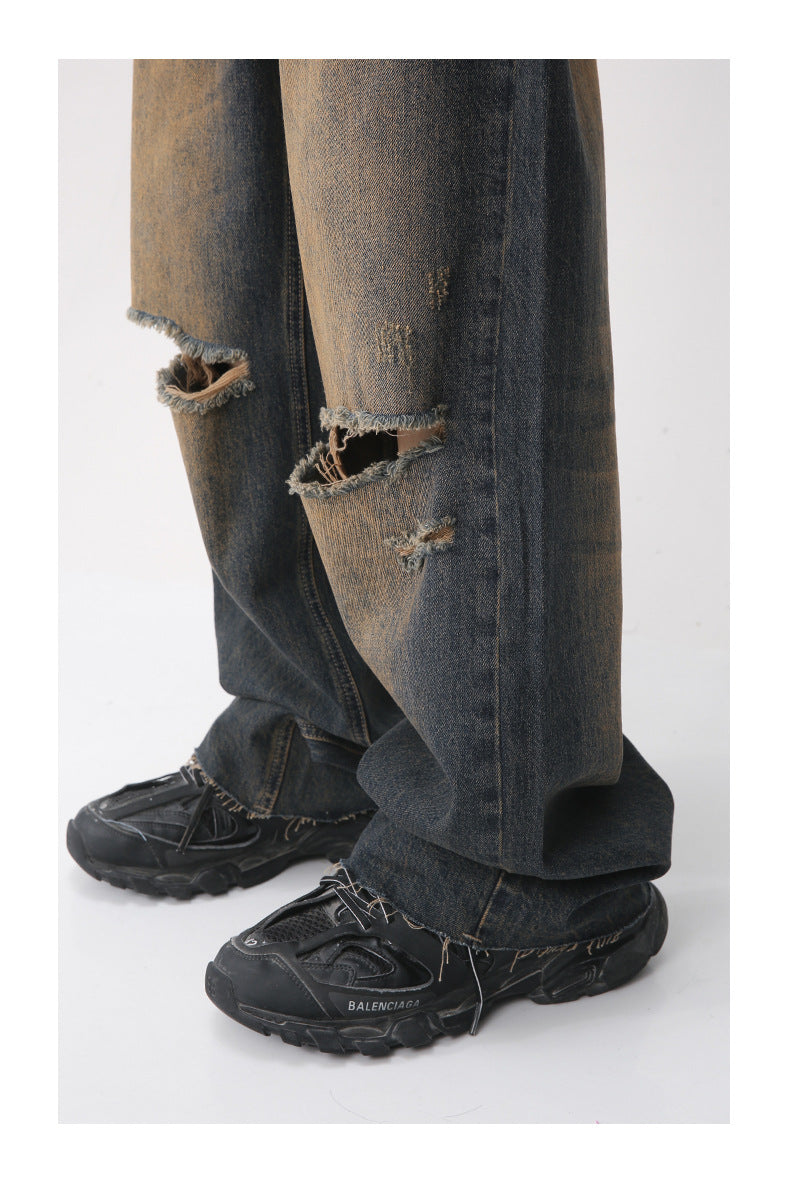 Retro Distressed Rust Earthy Hole Raw Hem Jeans