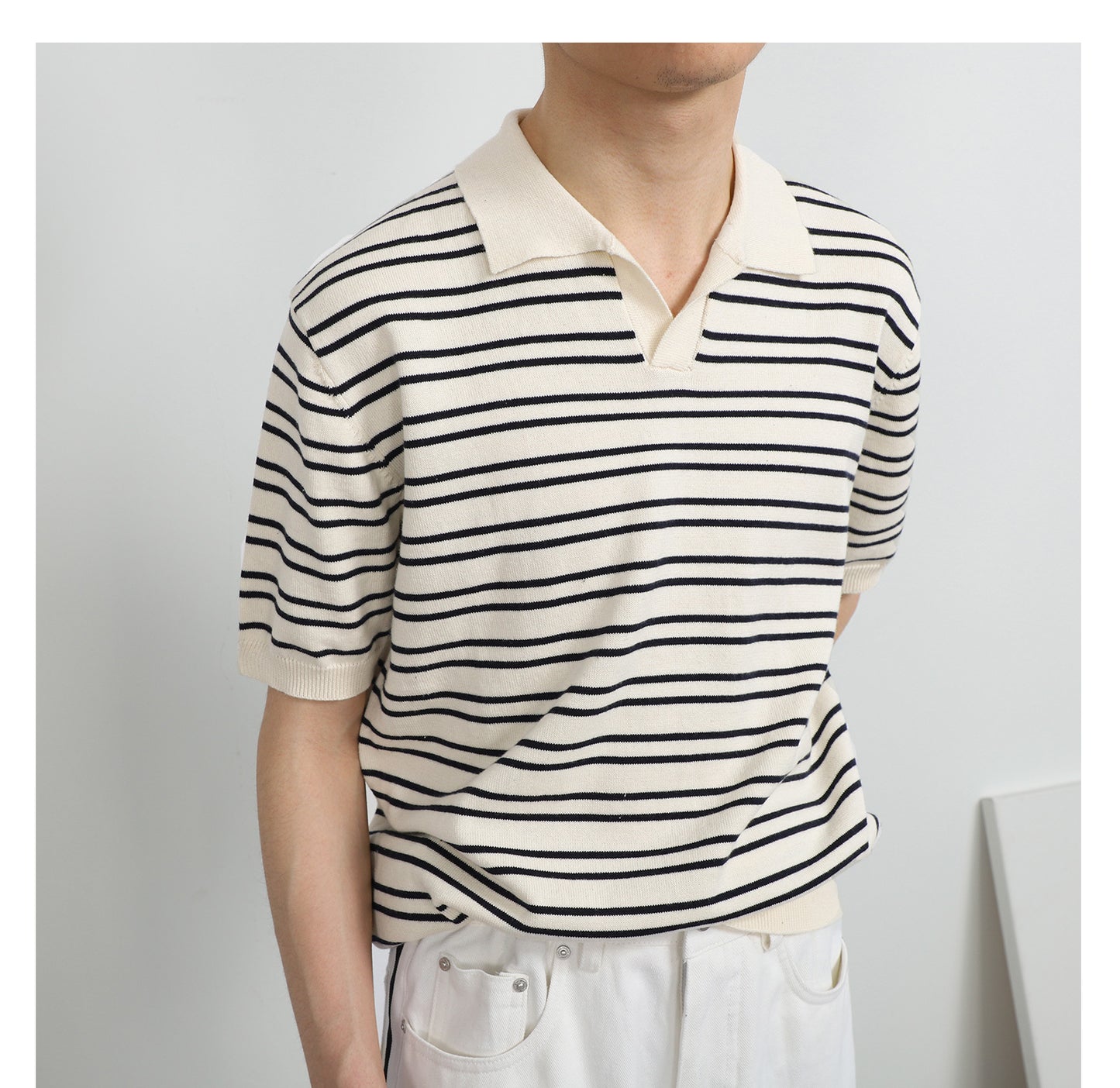 V-neck Ice Silk Striped Polo Shirt