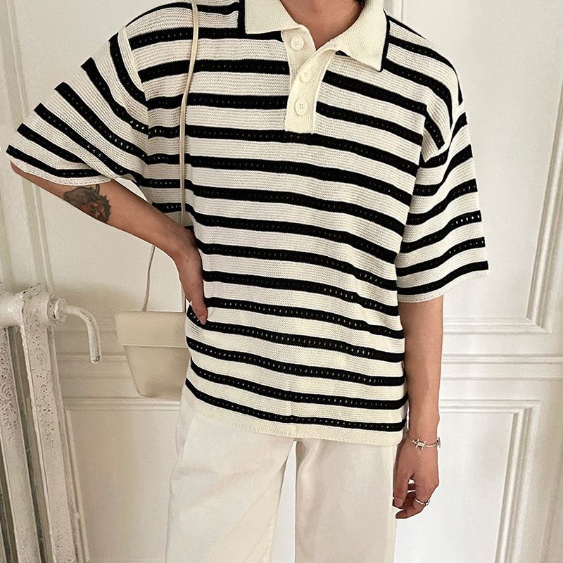 Striped Short-sleeved Polo Shirt Men's Thin Loose