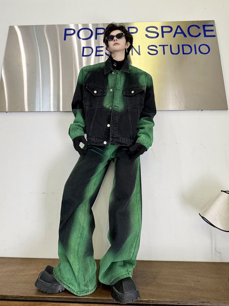 Black and Green Gradient Denim Jacket Trousers Suit