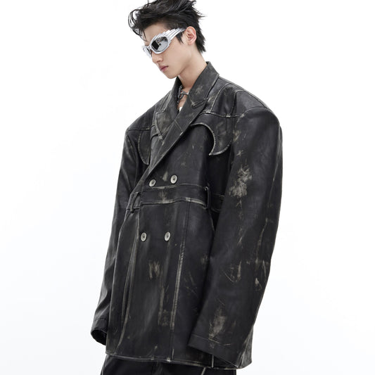 Deconstruction Retro Distressed PU Leather Suit Jacket(Unisex)