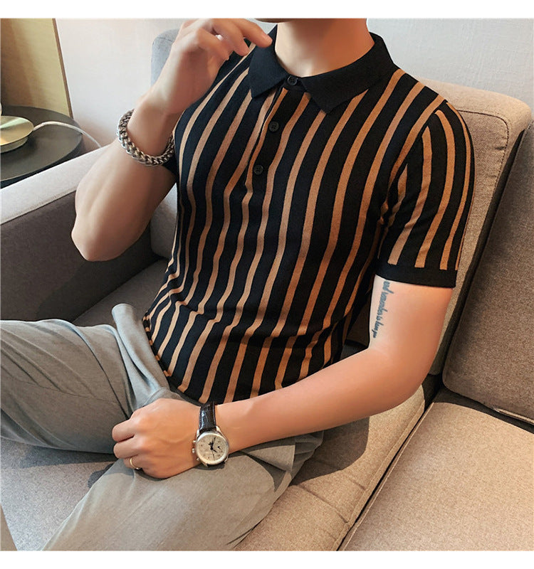 Men's Wide Striped Short-sleeved Polo Shirt