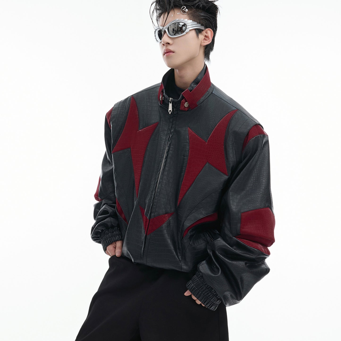 Contrast Color Profile PU Leather Metal Leather Jacket