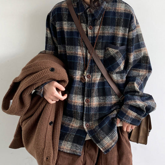 Retro College Style Woolen Plaid Shirt