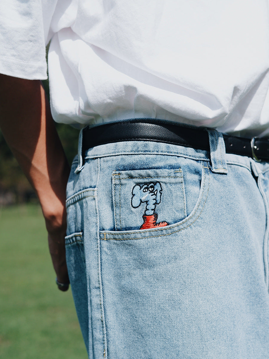 Oversized Elephant Pocket Embroidered Jeans