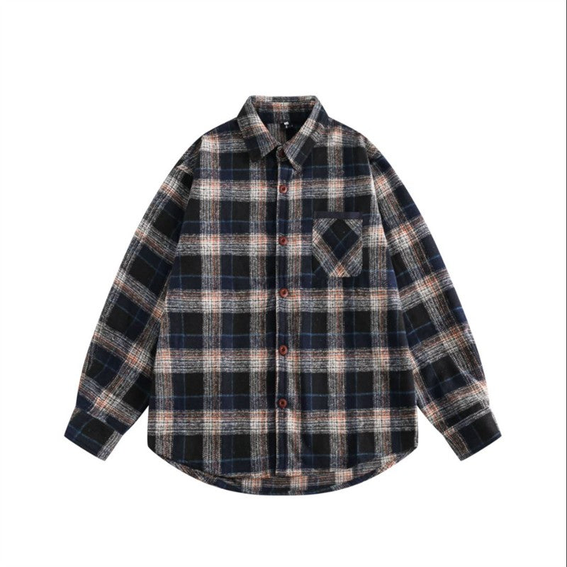 Retro College Style Woolen Plaid Shirt