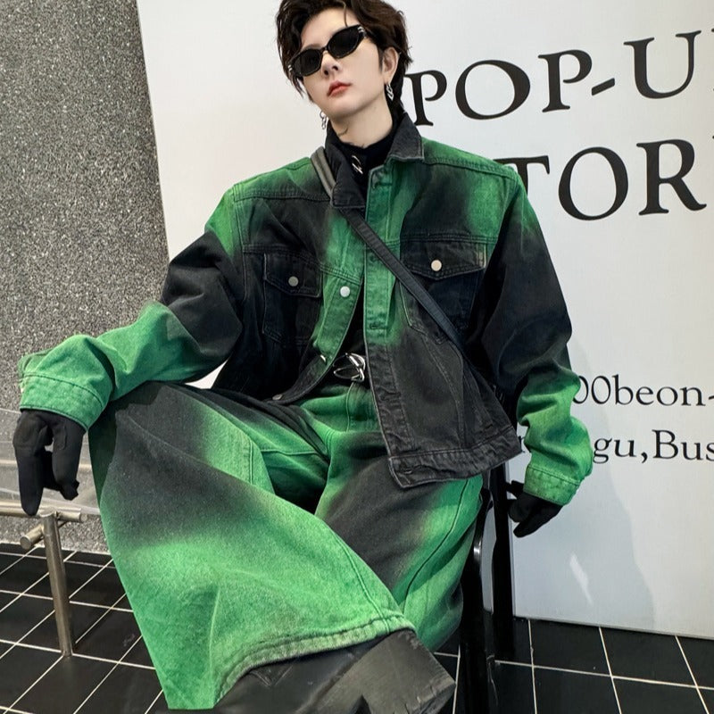 Black and Green Gradient Denim Jacket Trousers Suit