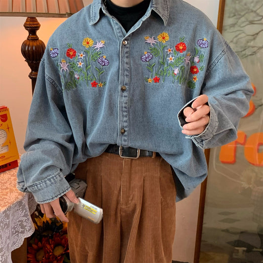 Vintage Flower Embroidered Denim