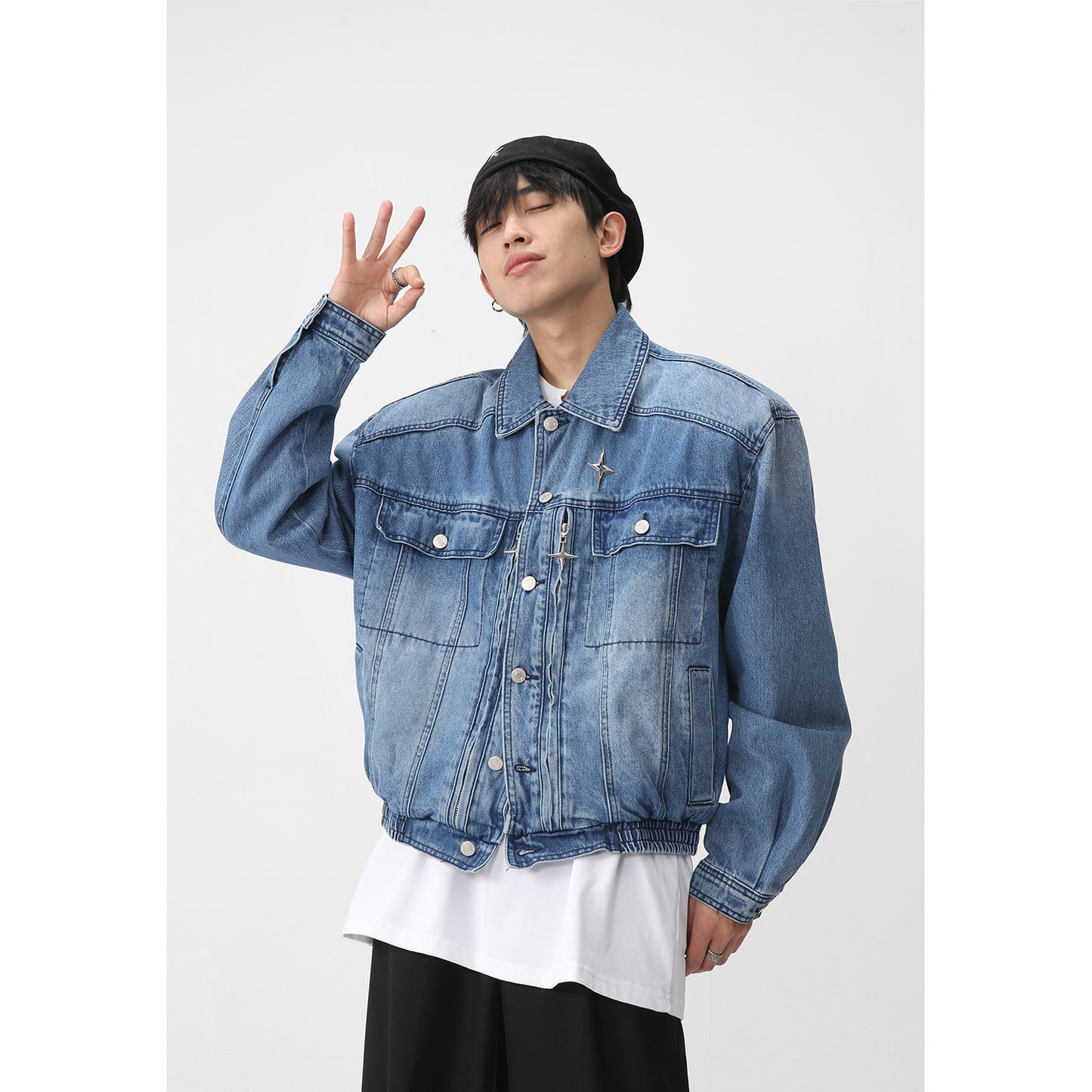 Padded Shoulder Loose Waist Elastic Design Denim Jacket