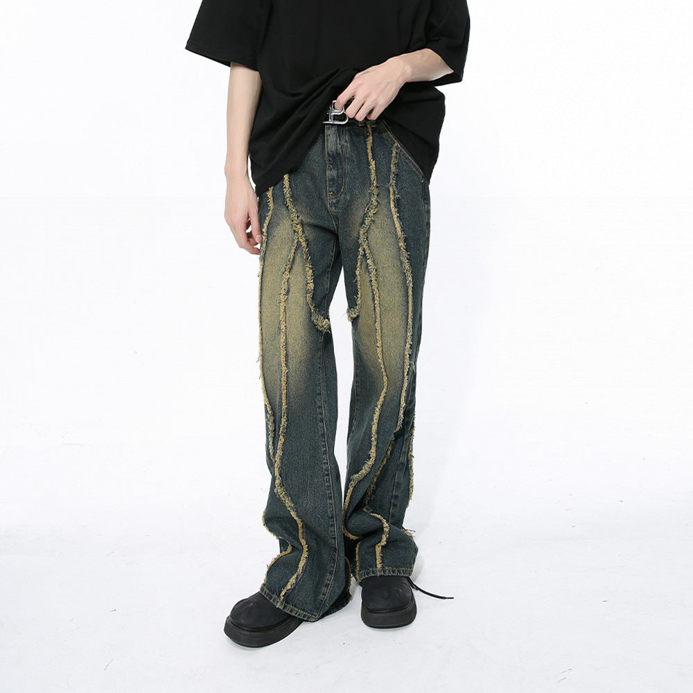 Niche Deconstructed Frayed Stitching Damaged Wind-washed Jeans