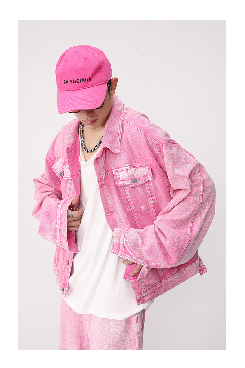 Pink Denim Jacket Straight Jeans For Men