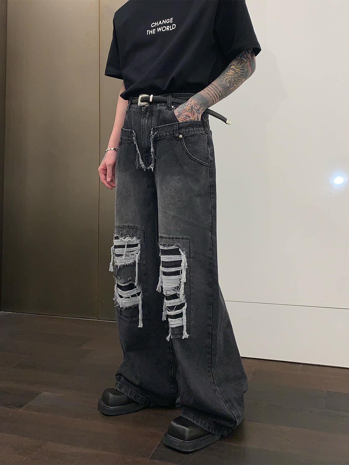 Straight Wide Leg Denim Trousers