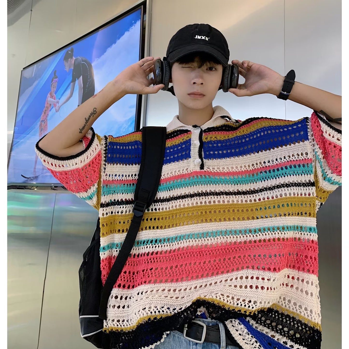 Lapel Retro Color Striped Sweater