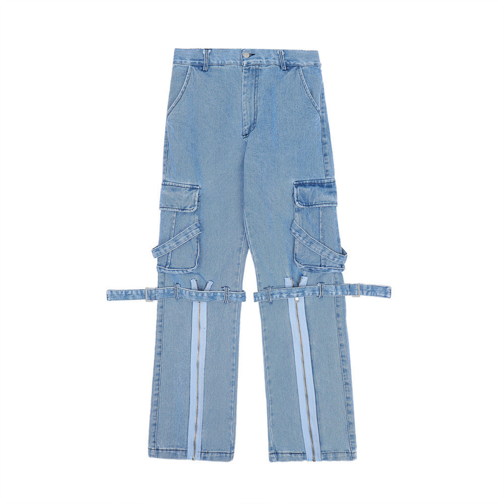 Ins Street Trend Zipper Stitching Loose Straight Trousers