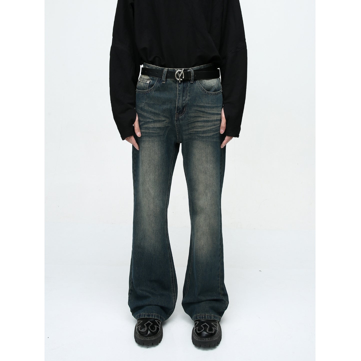 High Street Style Retro Washed Distressed Slightly Flared Jeans