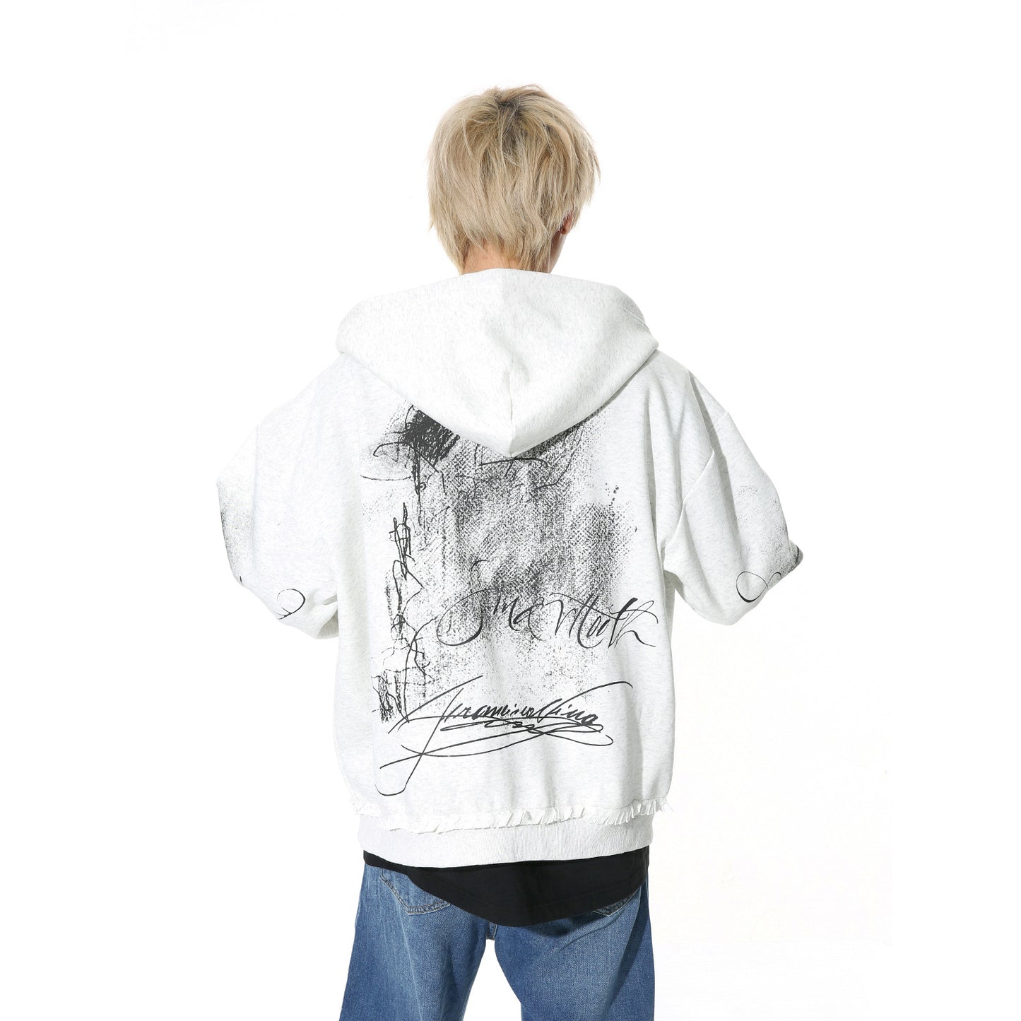 Graffiti Printing Casual Hooded Drawstring Zipper Sweater Jacket