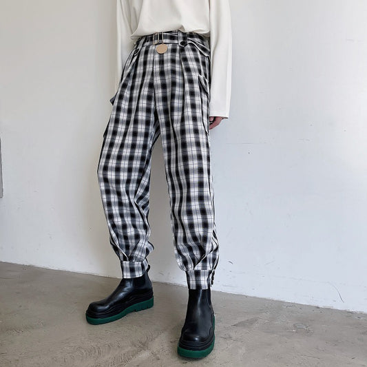 Metal Decorative Belt Plaid Casual Pants