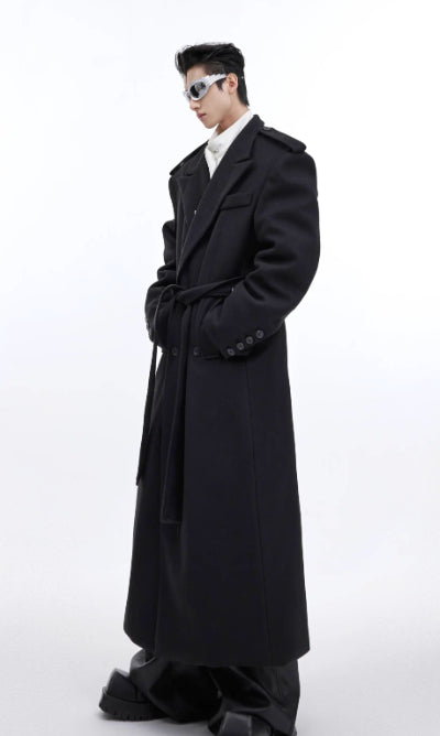 Woolen Lace-up Design Sense Overknee Long Coat