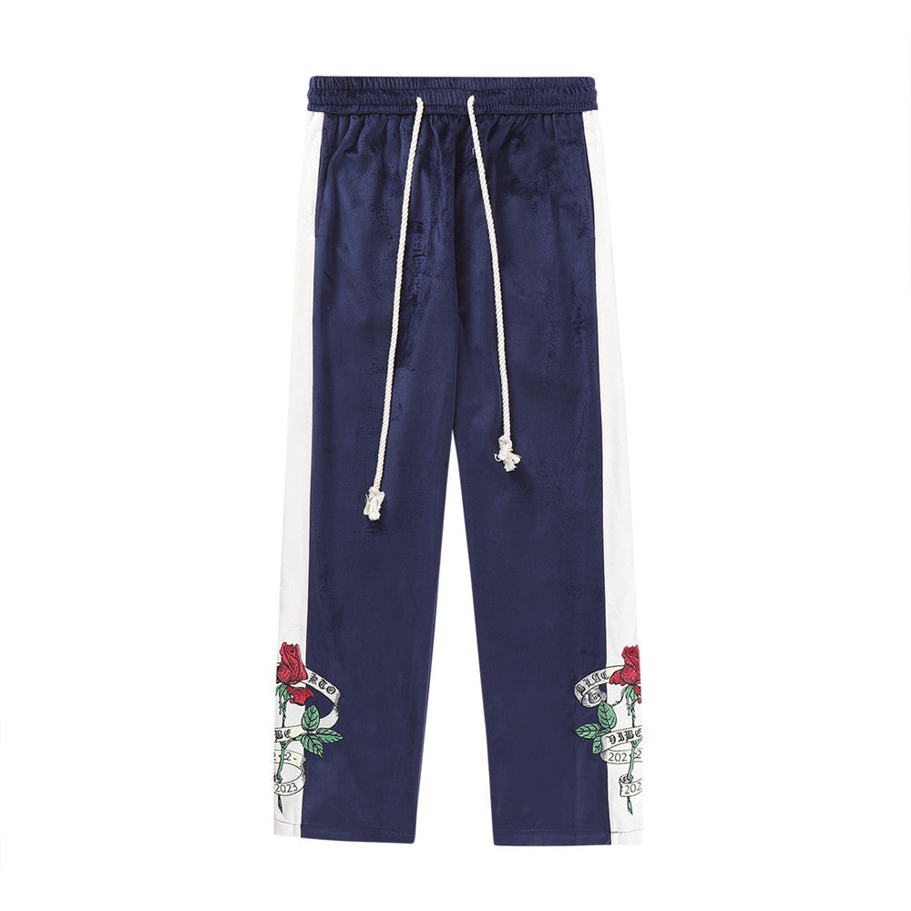 Rose Embroidery Casual Pants Wide Leg