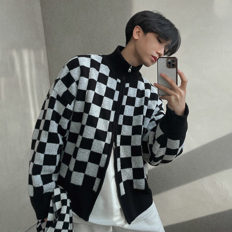 Checkerboard Sweater  Loose Trend Stand Collar