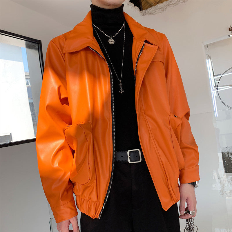 Orange Leather Jacket Loose Outline Three-dimensional Big Pocket