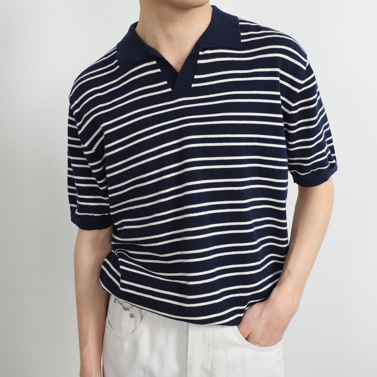 V-neck Ice Silk Striped Polo Shirt