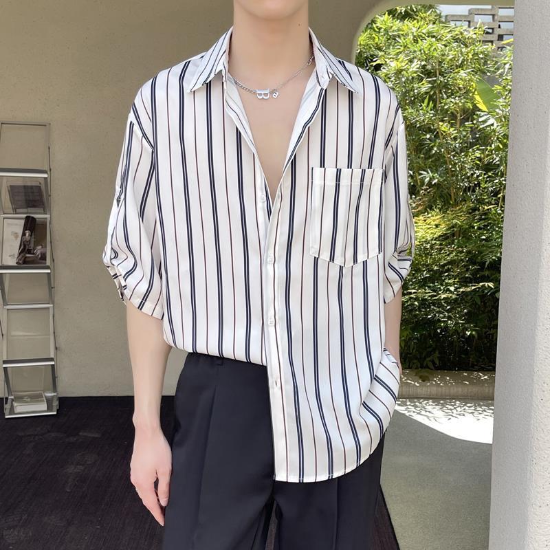 Striped short-sleeved shirt in ice silk