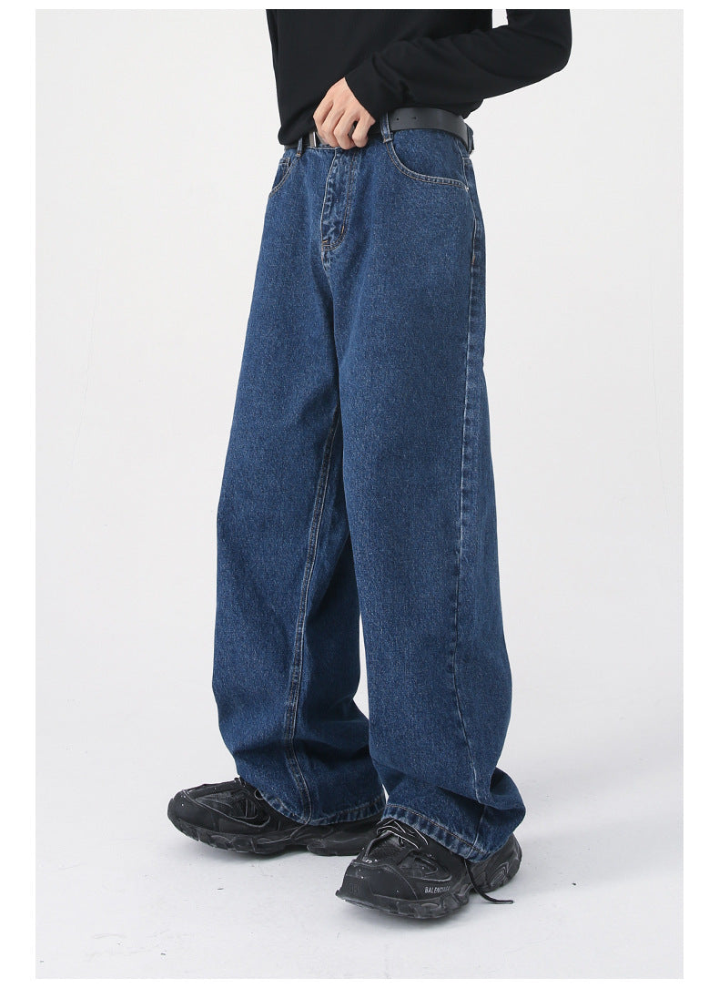 Loose Half Elastic Waist Straight Denim