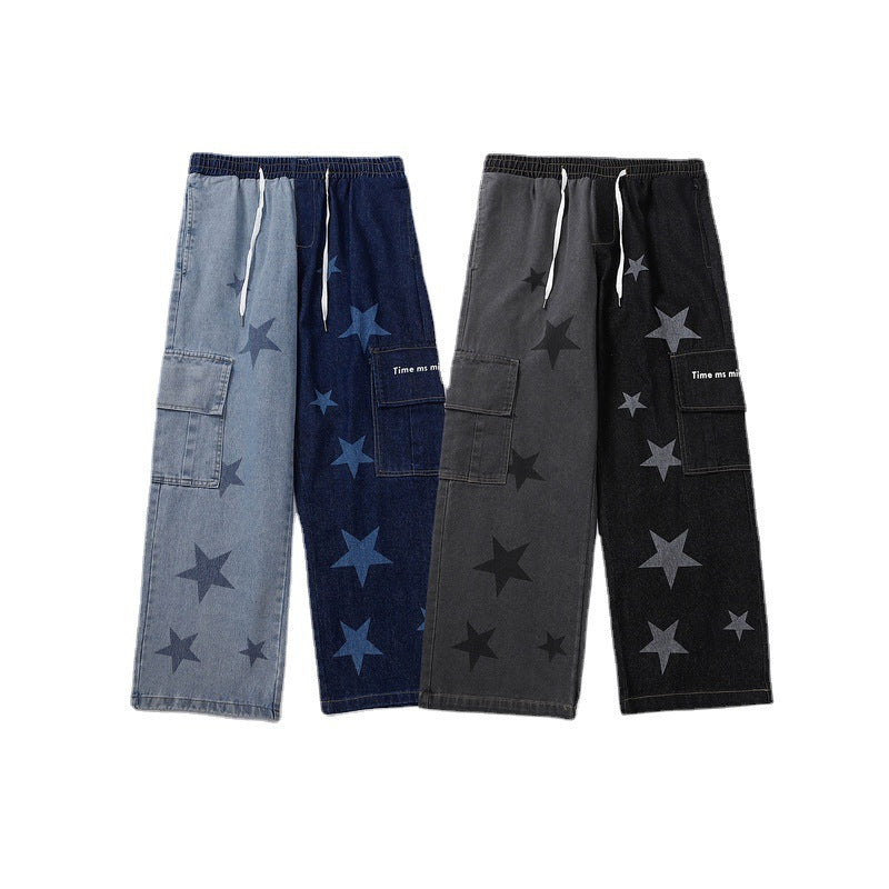 Star Print Two-Tone Jeans Casual Trousers