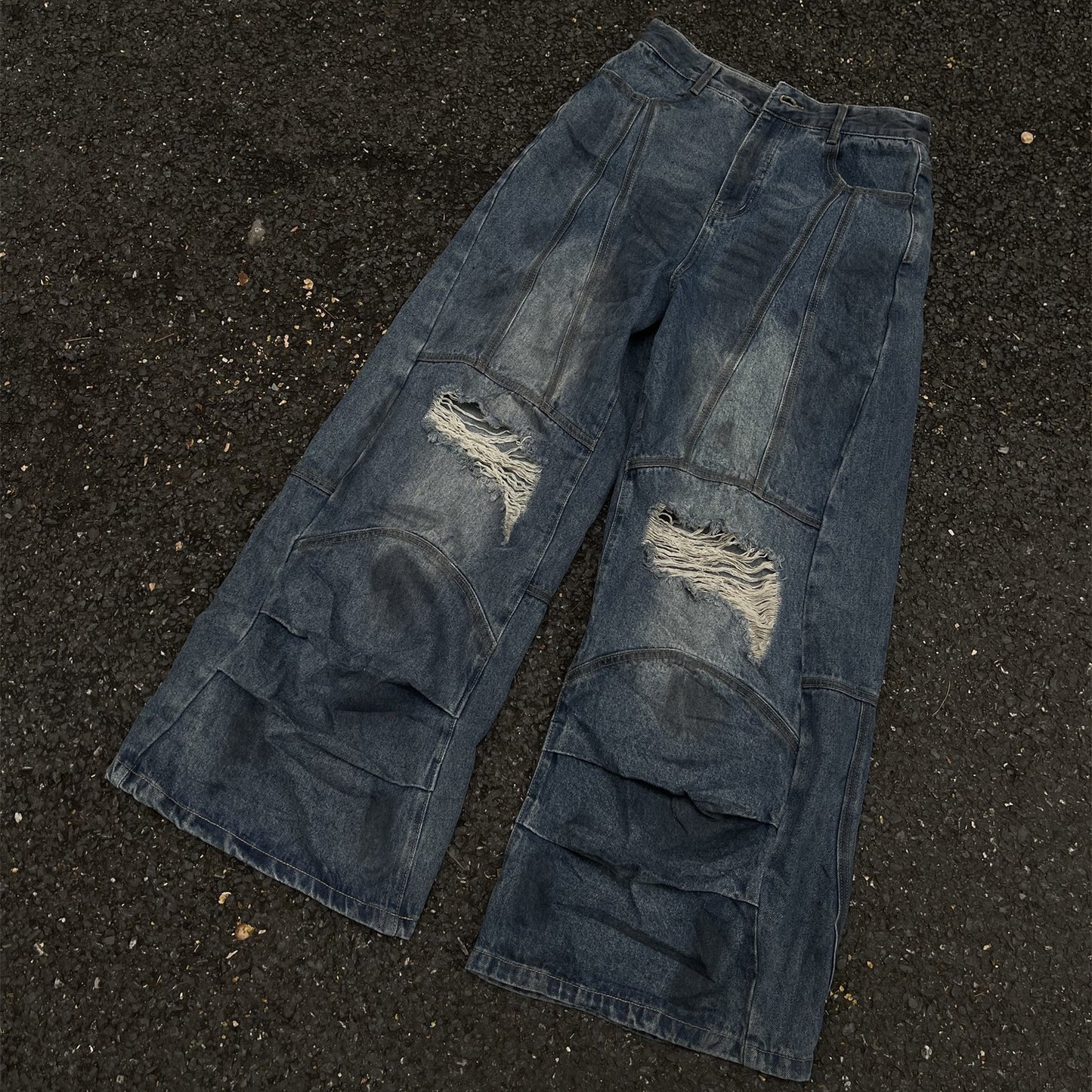 Distressed A-line Splicing Deconstructed Denim