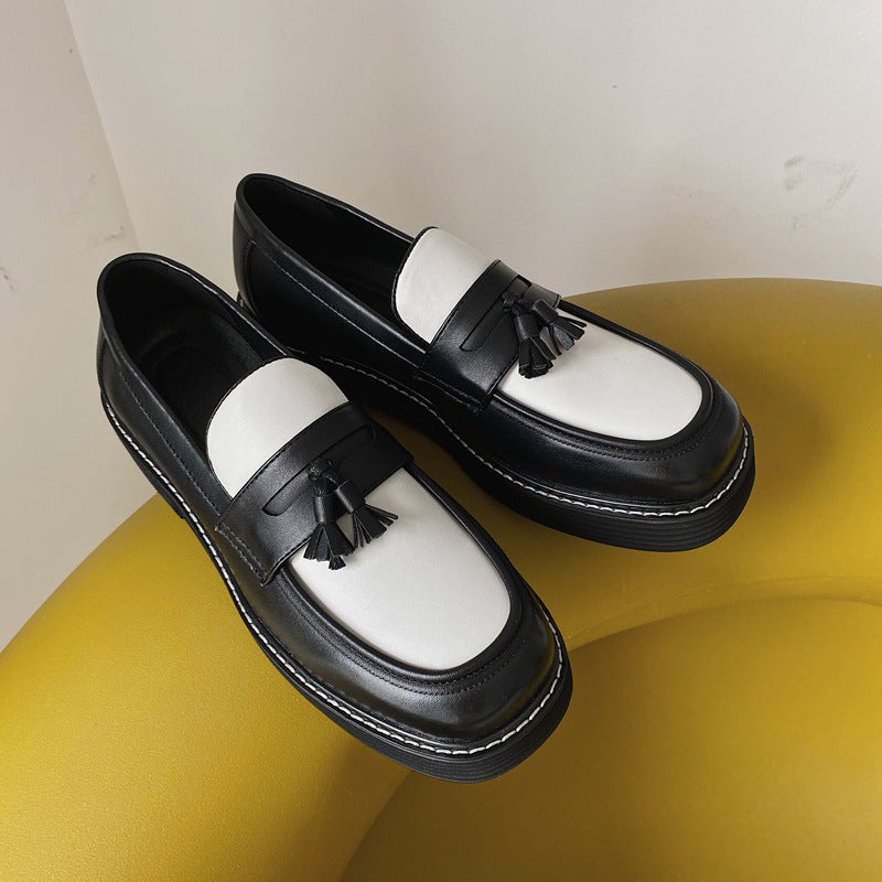 Small Leather Black And White Contrast Color Loafers LE1228