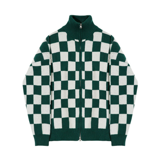 Checkerboard Sweater  Loose Trend Stand Collar