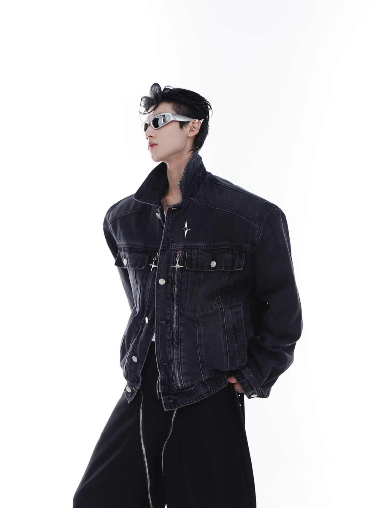 Heavy Washed Padded Shoulder Denim Coat Metal Zipper Jacket