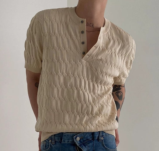 Solid Color Hemp Pattern Placket Collar Short-sleeved Knitted T-shirt