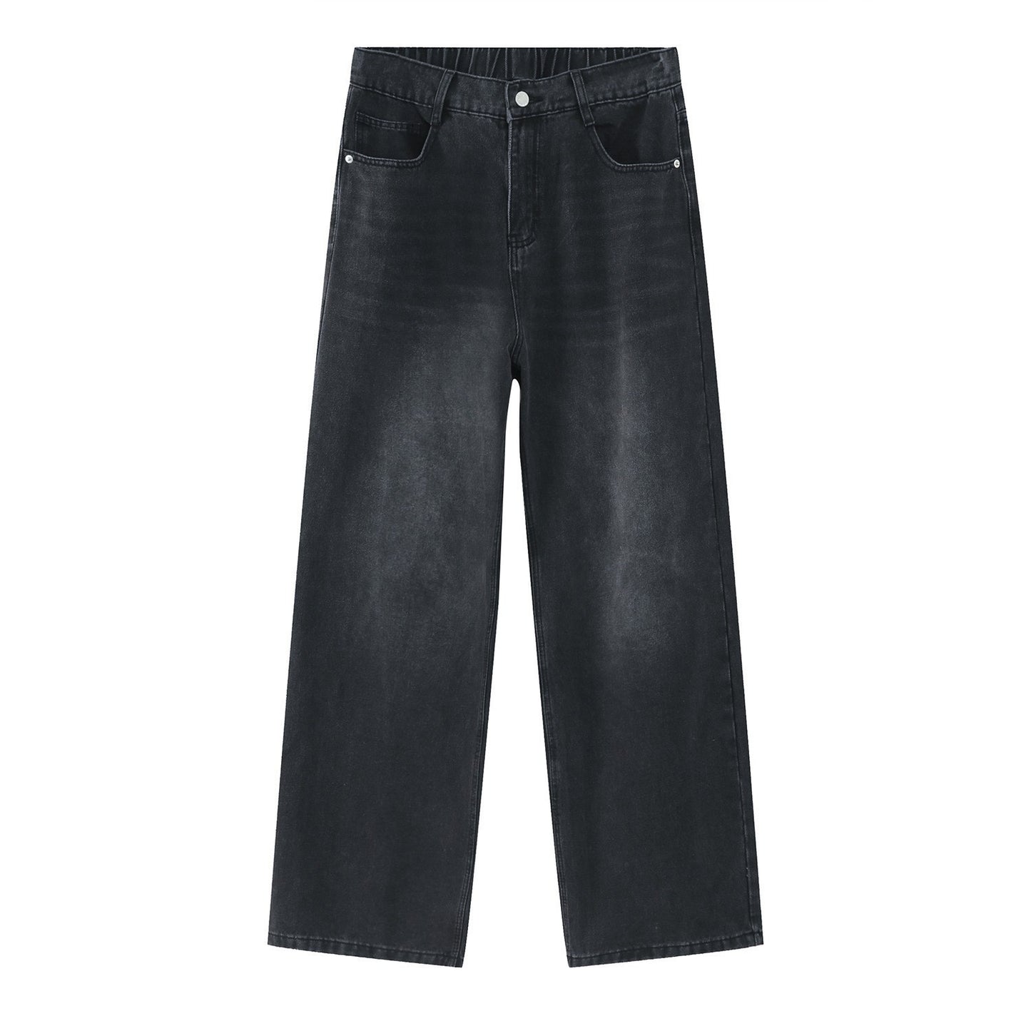 Loose Half Elastic Waist Straight Denim