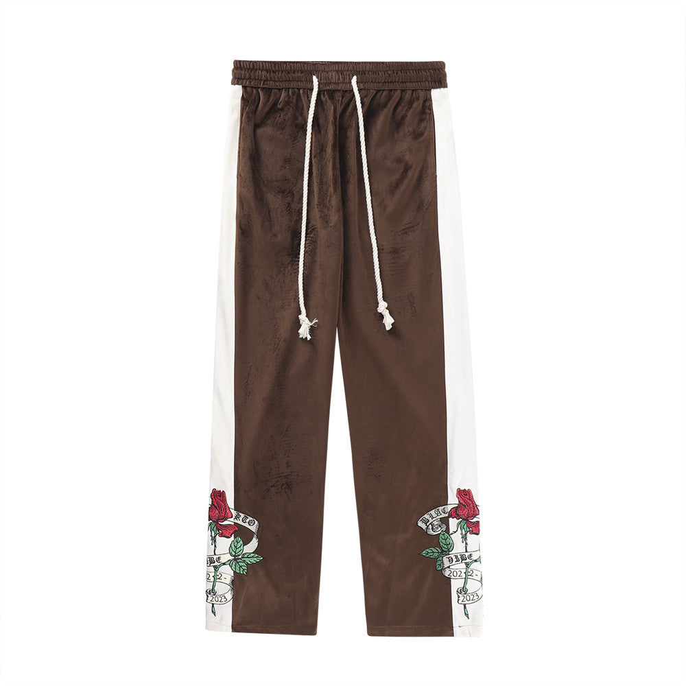 Rose Embroidery Casual Pants Wide Leg