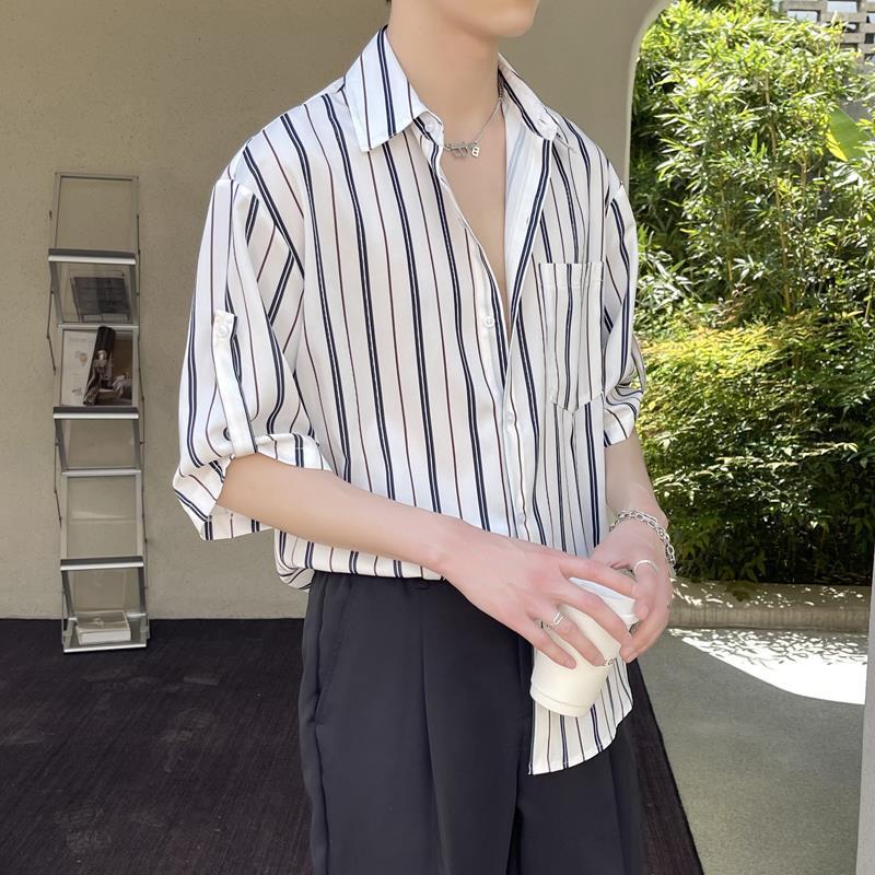 Striped short-sleeved shirt in ice silk