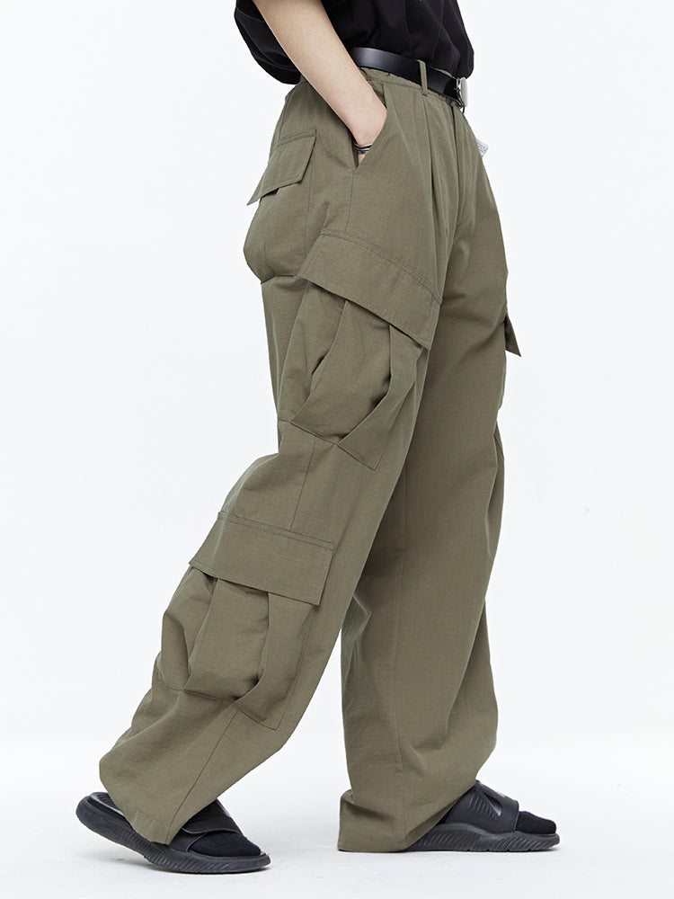 Wide-Leg Army Green Multi-pocket Cargo Pants