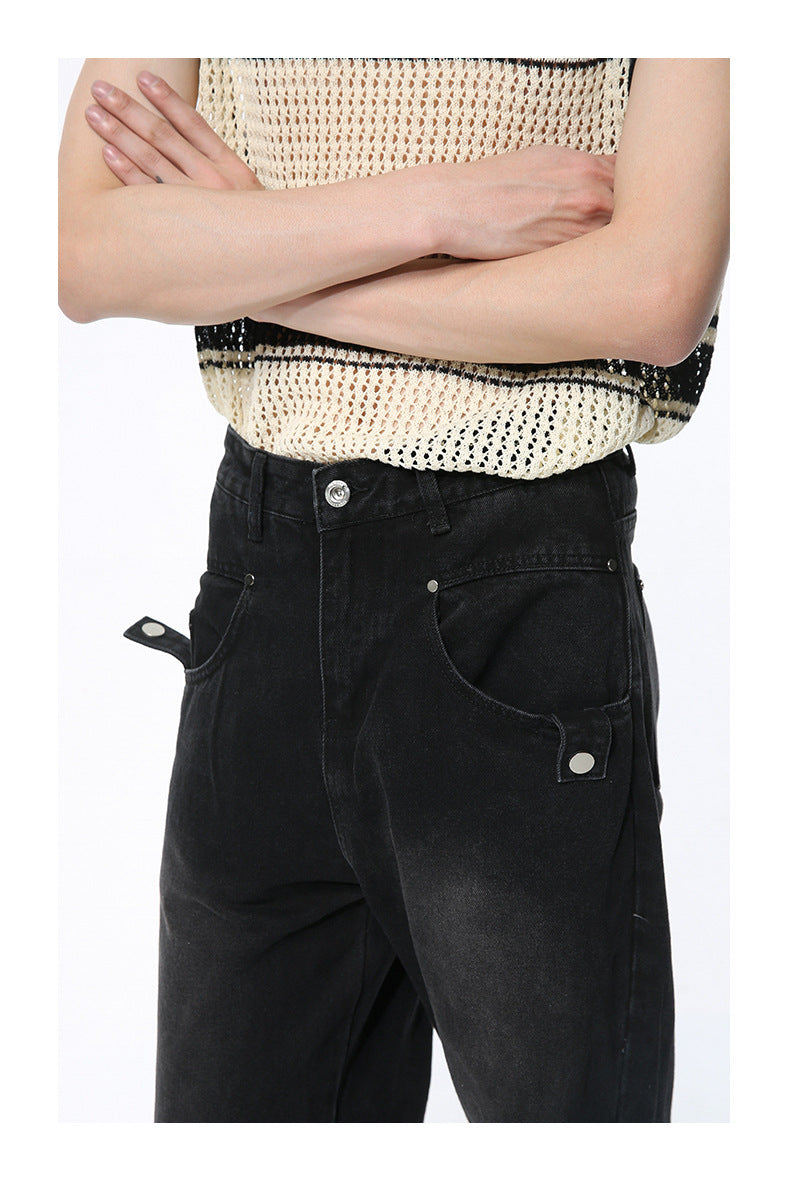 Straight Wide Leg Black Denim Trousers