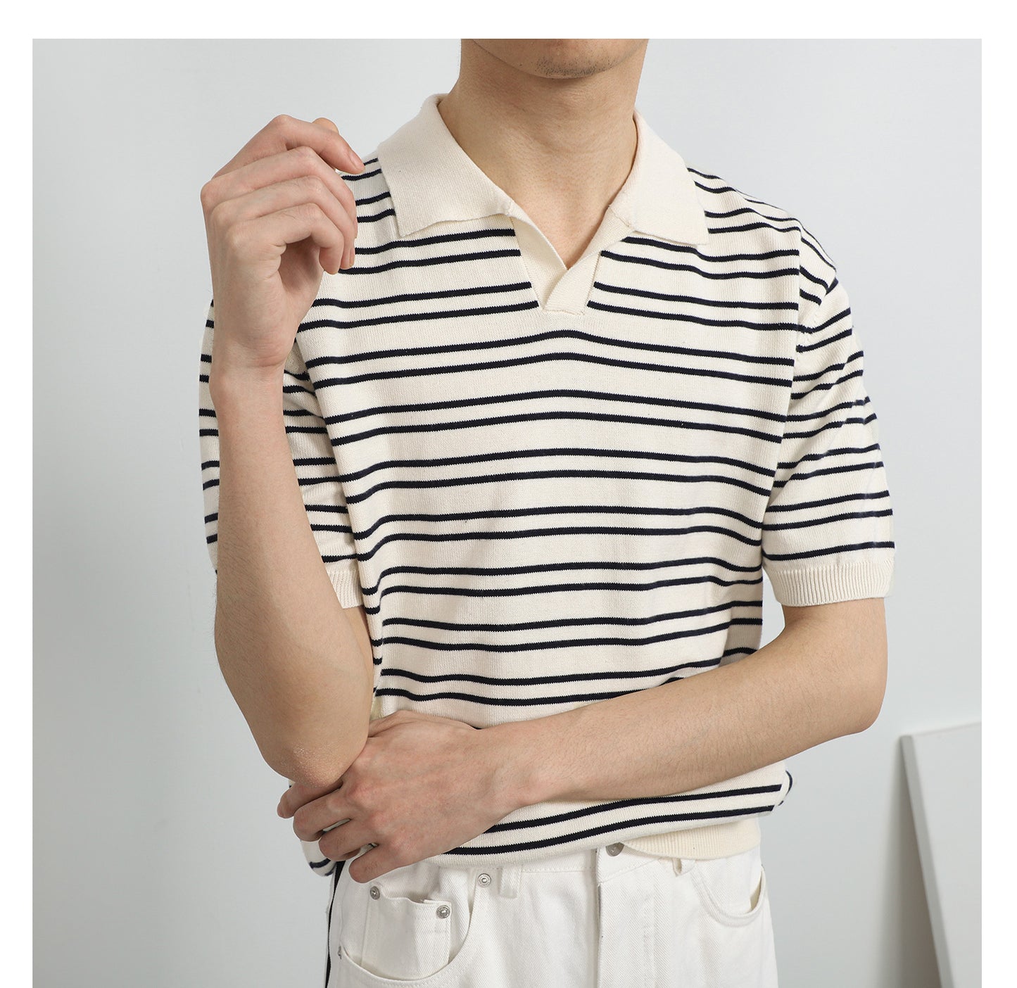 V-neck Ice Silk Striped Polo Shirt