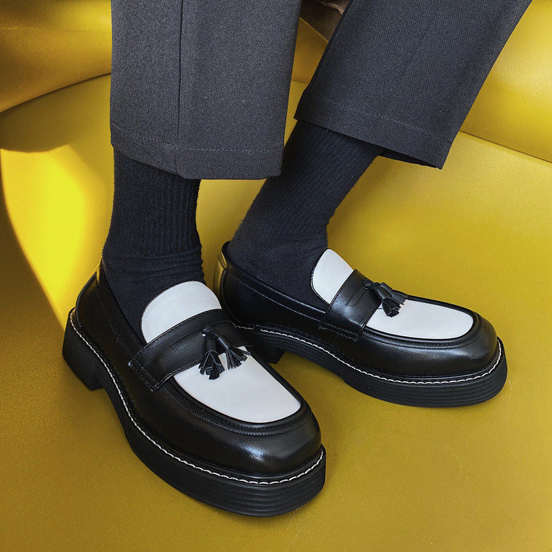 Small Leather Black And White Contrast Color Loafers LE1228