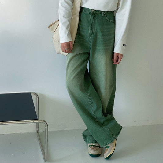 Personality Niche Green Jeans Retro Vintage Straight Drape Pants